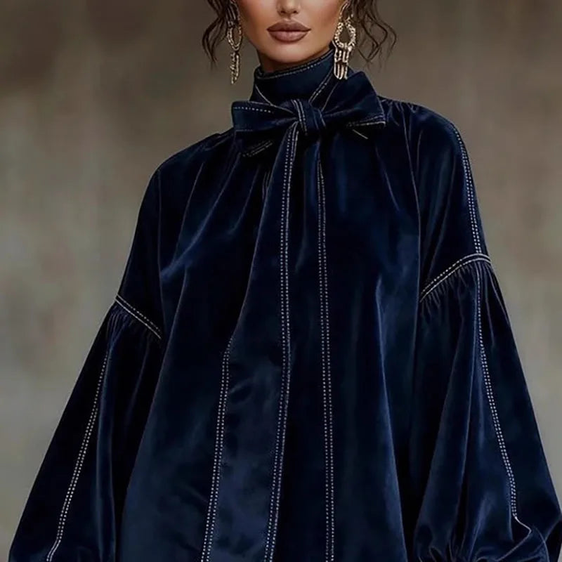 Retro Solid Soft Velvet Elegant Party Dresses Woman Sexy Bowknot Turtleneck Mini Dress Autumn Winter Lantern Sleeve A-Line Dress