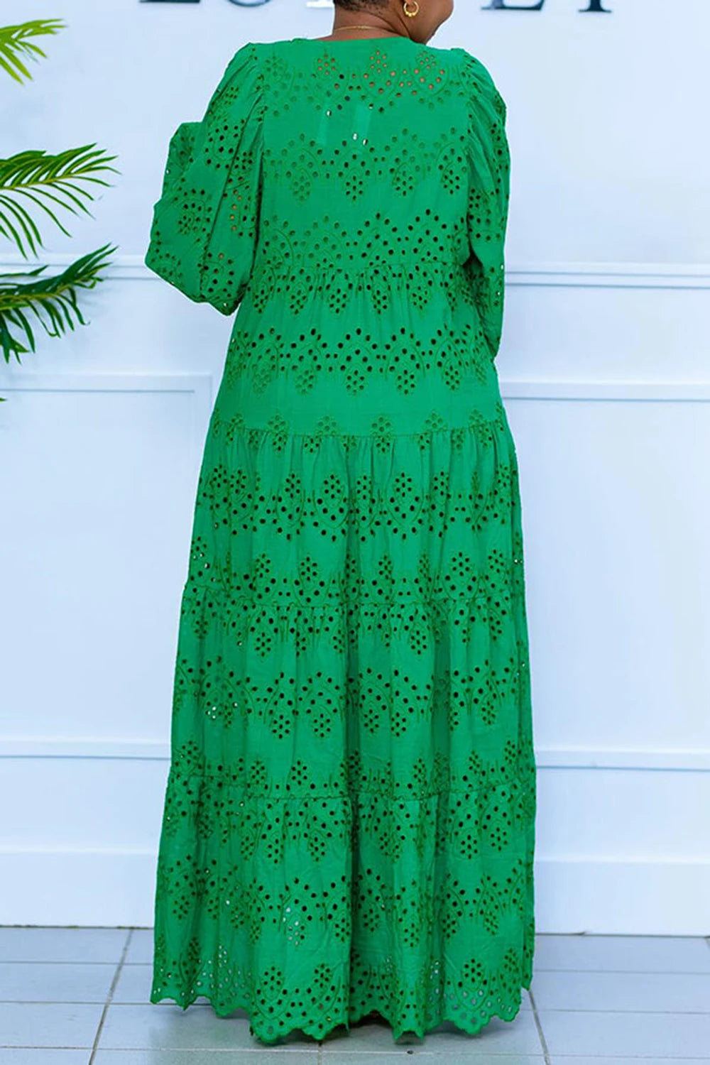 Plus Size Vacation Green Casual Hollow Puff Sleeve Long Sleeve Maxi Dresses