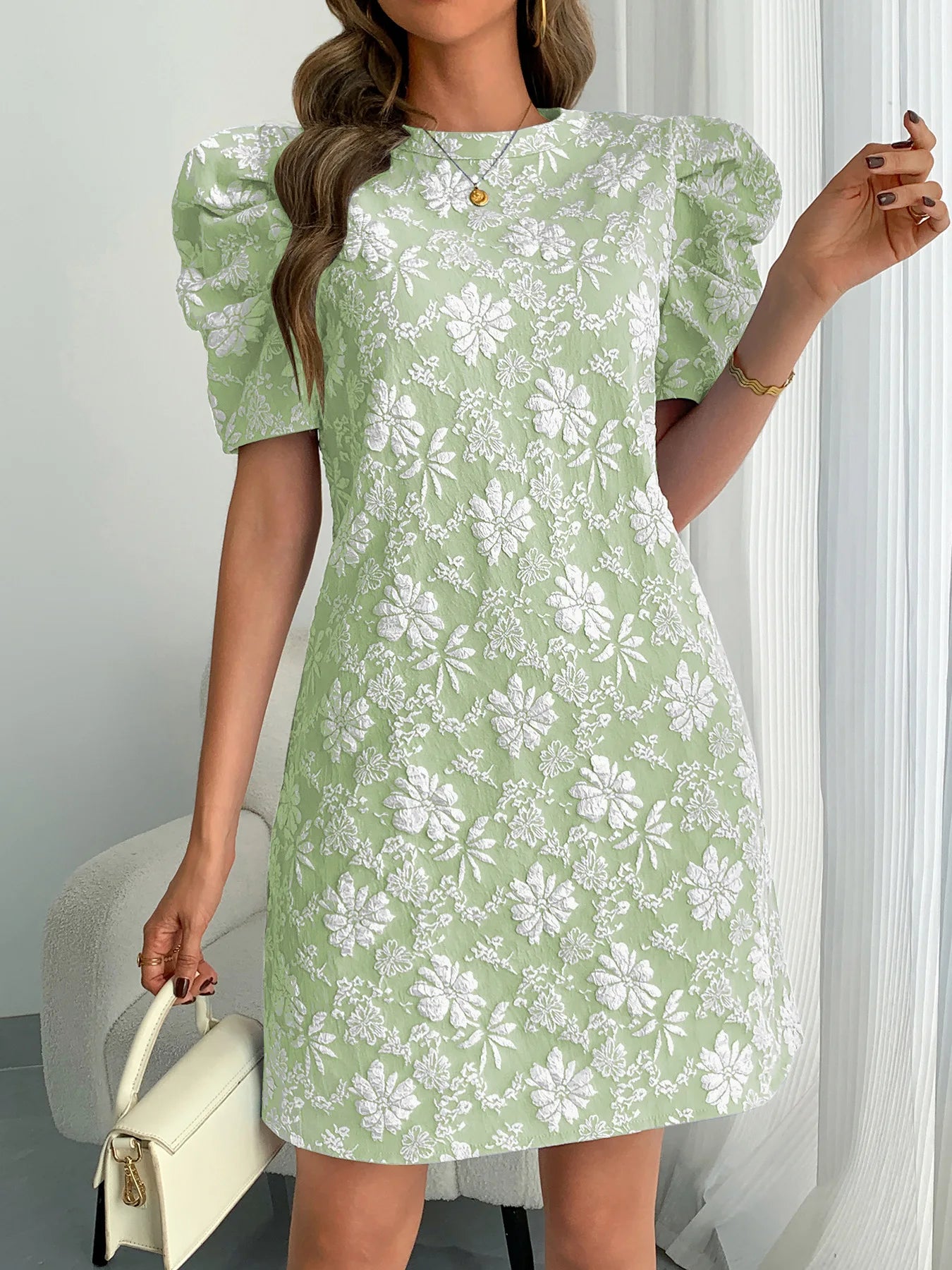 Textured Jacquard Puff Sleeve Midi Dress for Women