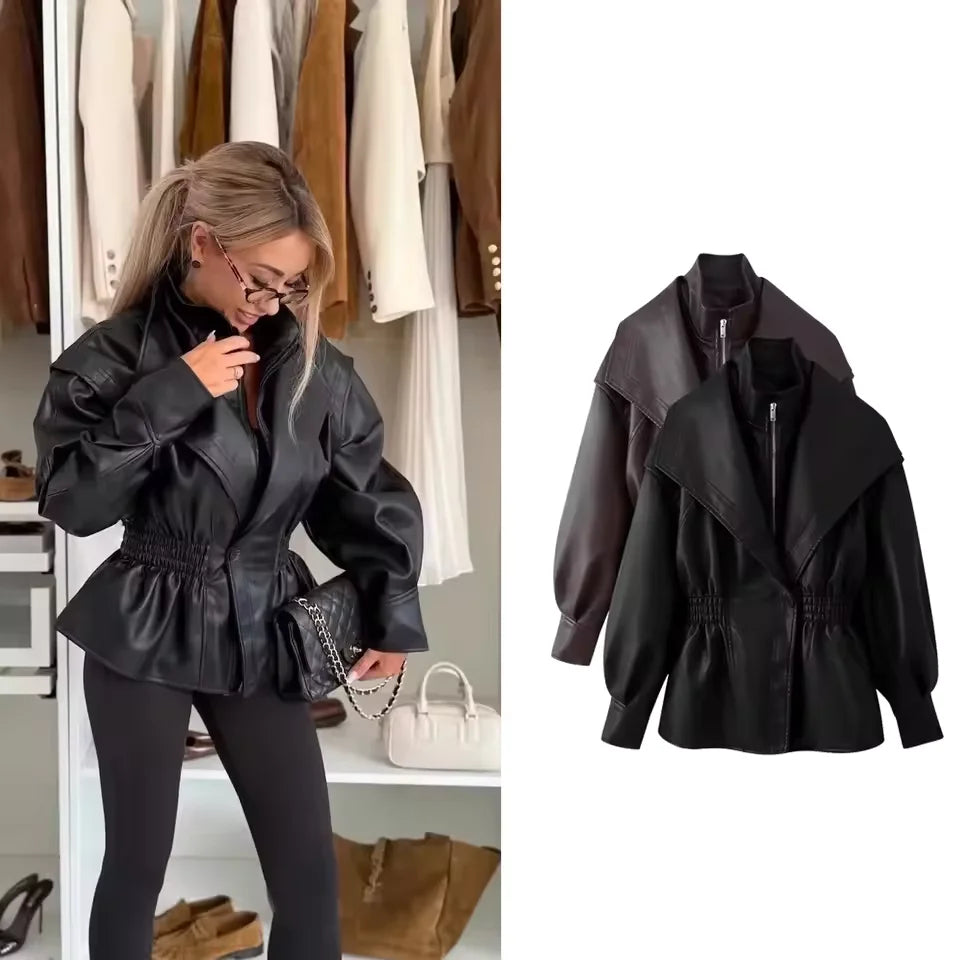 Cropped Oversized Black Leather Bomber Jacket for Women