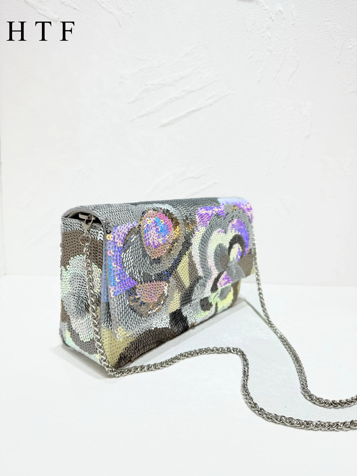 Sequin Floral Embroidered Clutch Bag With Chain for Women