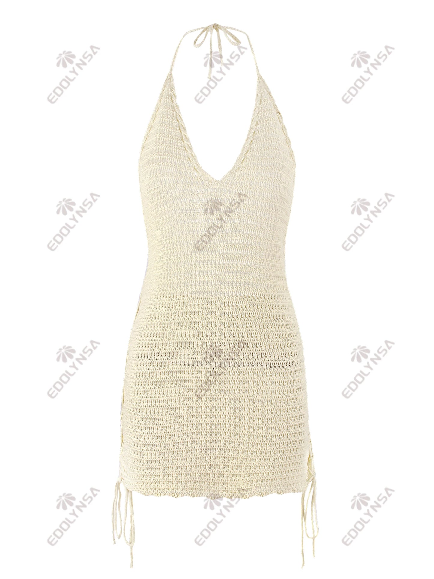 Solid Knit Halter V-neck Side Cross Straps Slim Beach Mini Dress 2025 Women Crochet Beach Swimsuit Cover Up Vacation Outfit K104