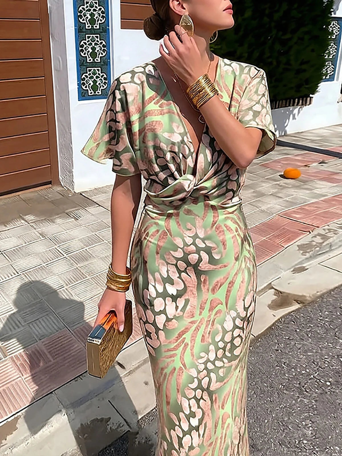 Elegant Satin Leopard Print Bodycon Maxi Dress For Women