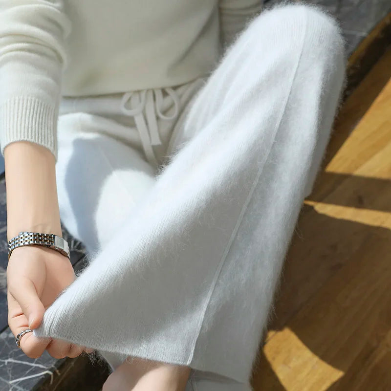 Elastic Waist Wide-Leg Knitted Cashmere Trousers for Women