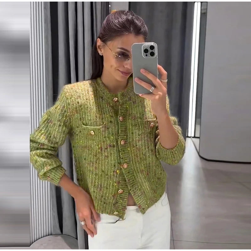 Blue Jacquard Stand Collar Zipper Cardigan for Women