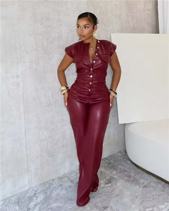 Solid Color Dark Red Wide Leg Pu Leather Jumpsuit for Women