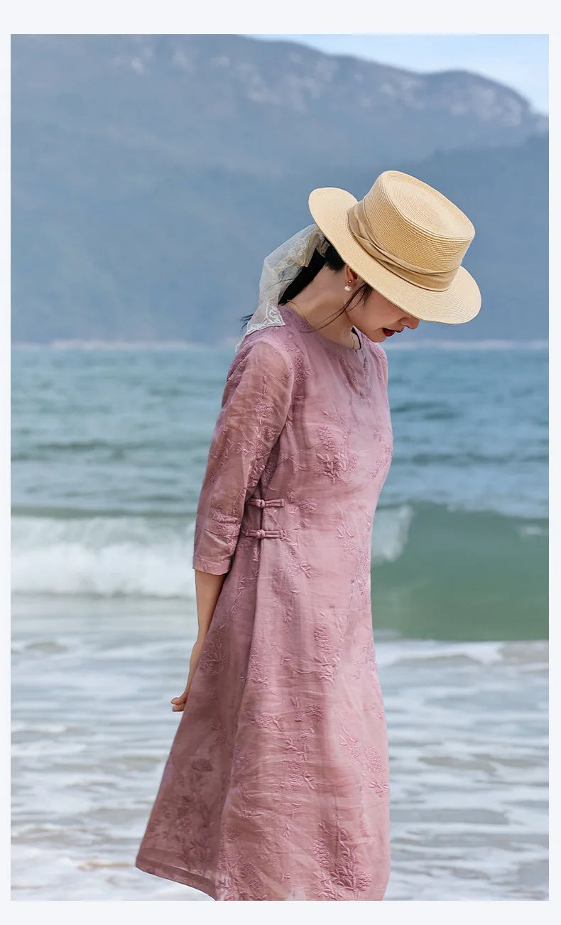 Elegant Embroidered Ramie Linen Knee Length Dress for Women