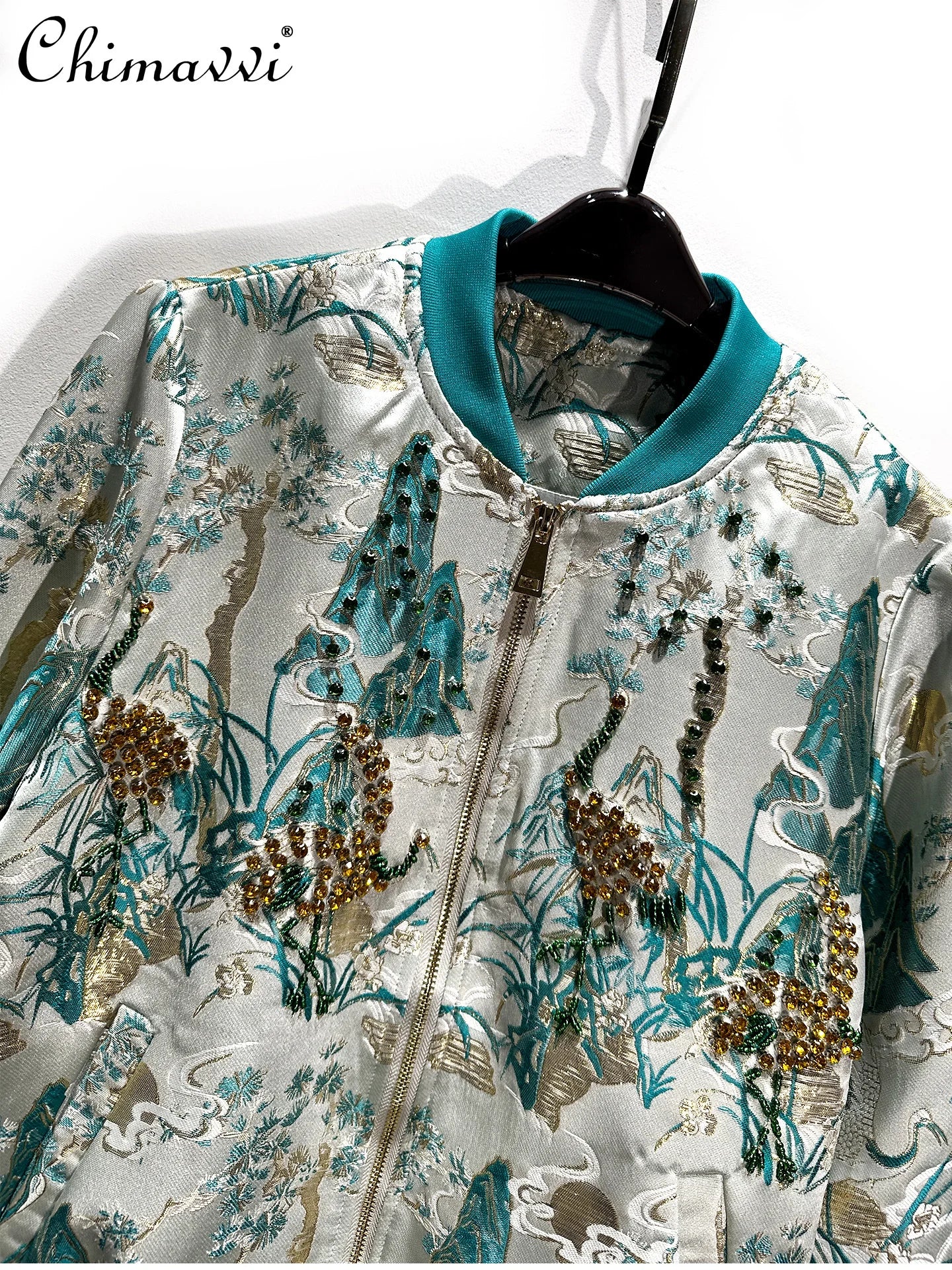 High-End Retro Baseball Jacket Women Short Coat Autumn New Heavy Beading Gold Stamping Jacquard Long Sleeve Elegant Jacket Top