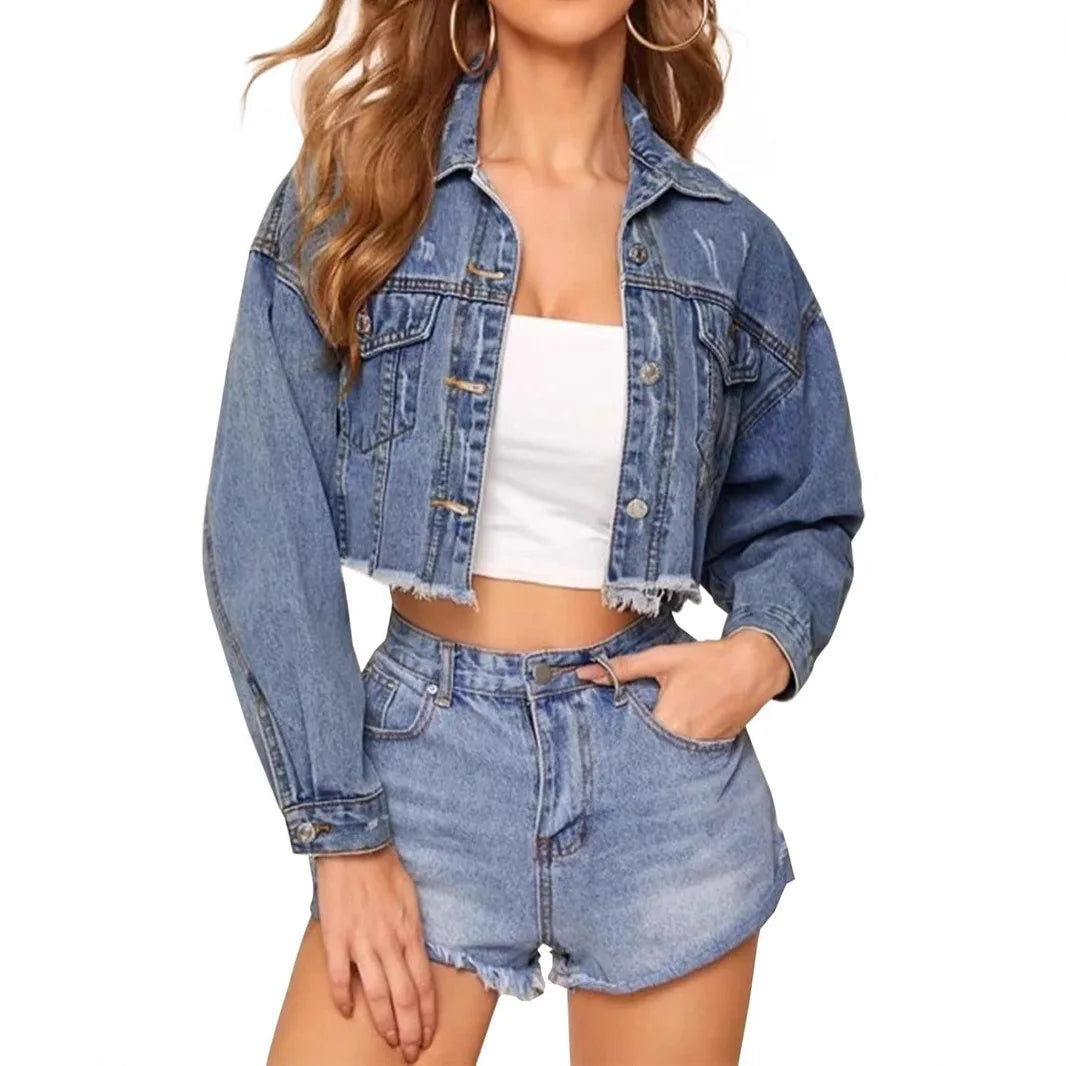 Vintage Distressed Denim Jacket With Turn Down Collar for Women