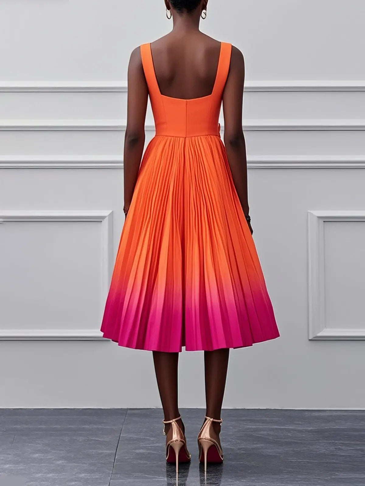 Sleeveless Gradient Print A Line Pleated Midi Dress for Women