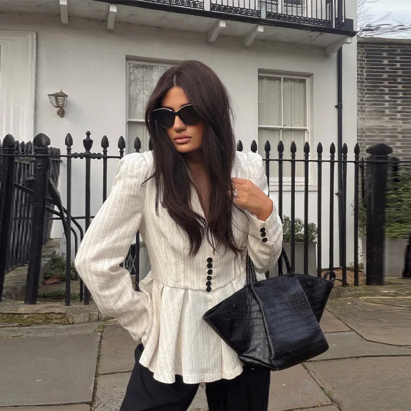 Casual Striped V Neck Ruffle Two Piece Set for Women
