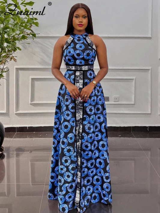 Znaiml Elegant Indie Folk Blue Retro Print A-line Long Dress Women O Neck Sleeveless Birthday Evening Prom Vacation Vestidos New