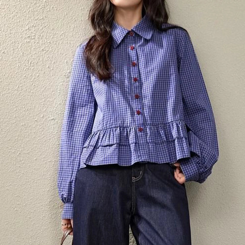 Blue Checkered Ruffle Trim Blouse With Turn Down Collar for Women