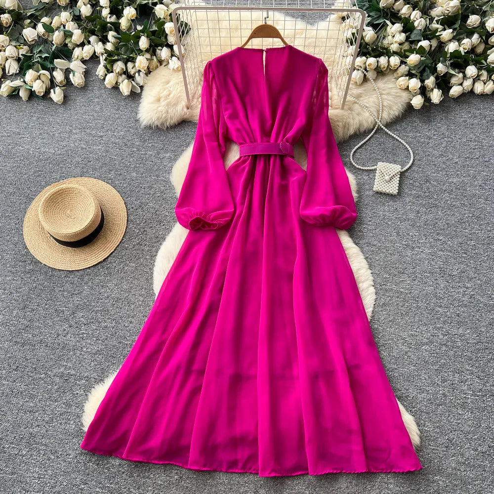 Floral Lace V Neck Long Sleeve A Line Midi Dress for Women