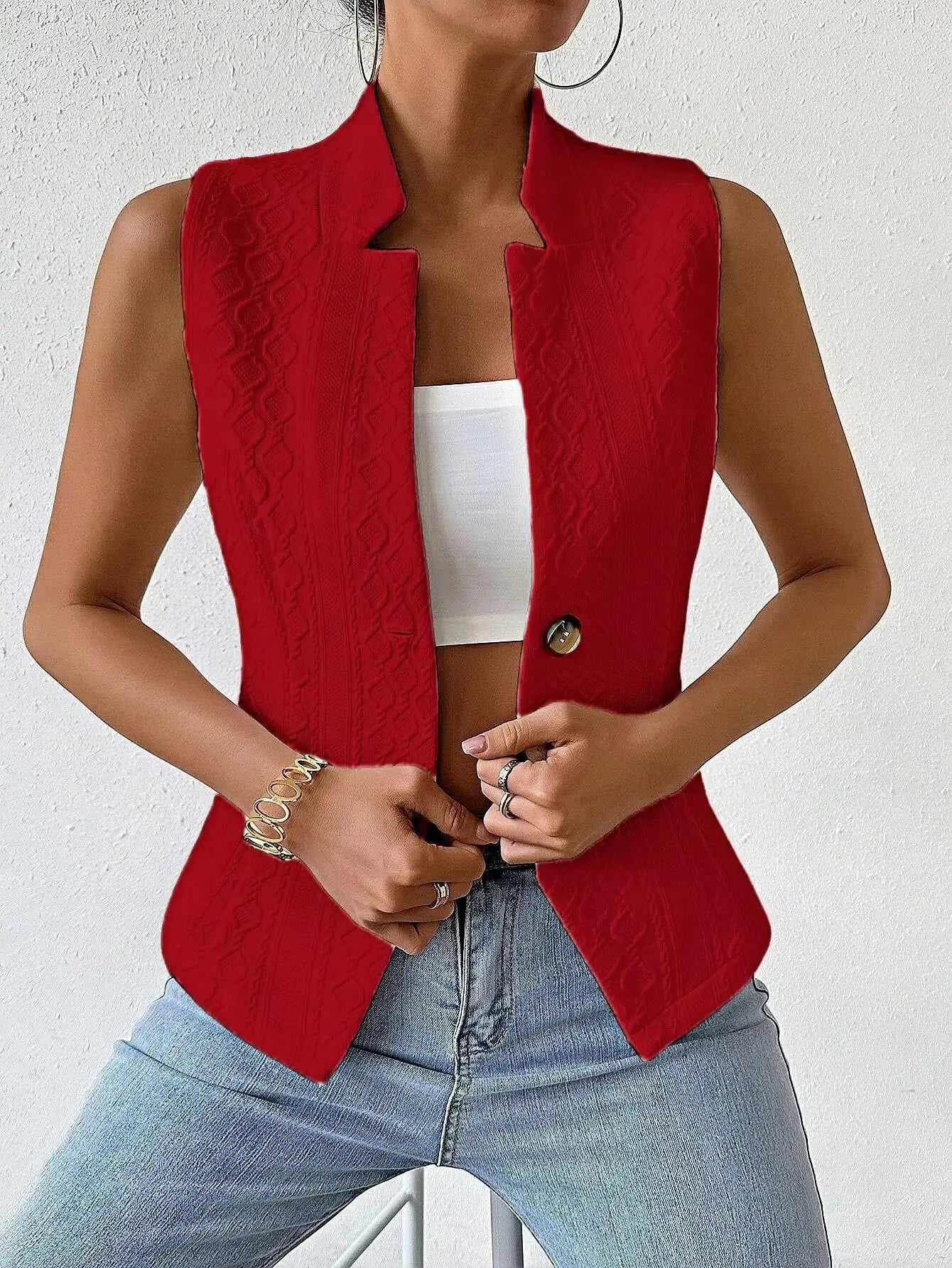 Solid Color Slim Fit Sleeveless Vest With Stand Up Collar for Women