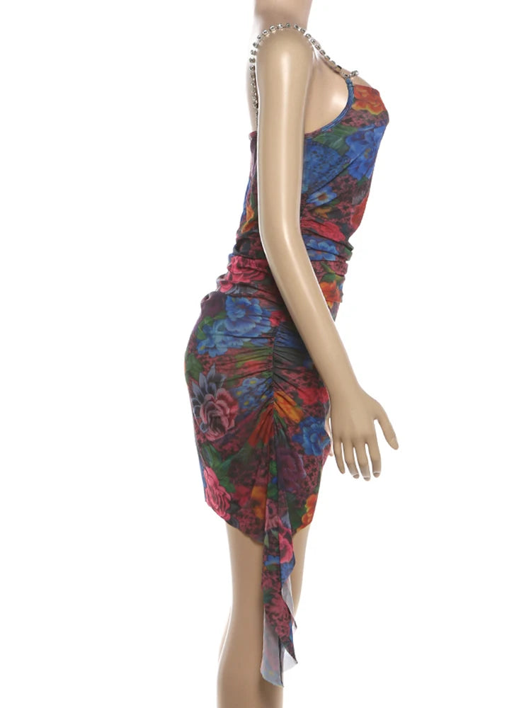 Floral Print Rhinestone Chain Low Neck Backless Mini Dress for Women