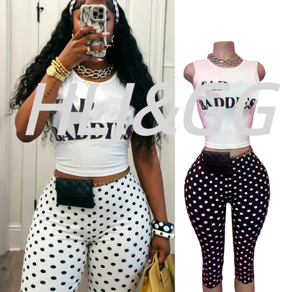 Chic Polka Dot Letter Print Two Piece Set for Women