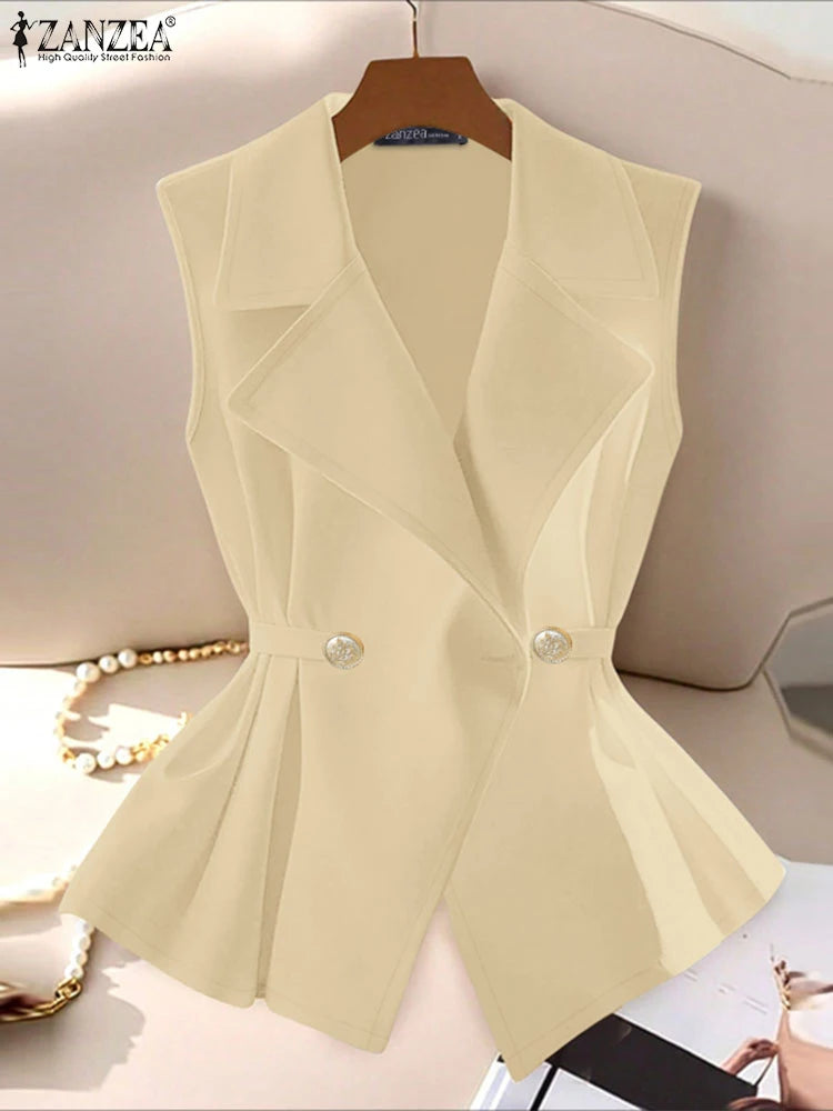 ZANZEA Elegant Women Sleeveless Blazer Fashion Lapel Neck Sashes Vest Tops 2025 Summer Lightweight Office Wear Commuting Tops