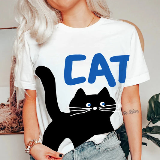 Women's Basic Crew Neck Tee Trendy Y2K Women's Short Sleeve Cartoon Cat Print Cute Aesthetic Cotton Casual T-Shirt