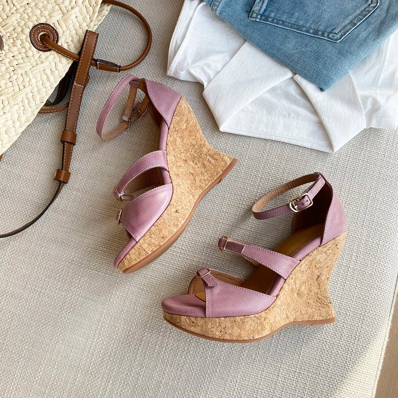 Elegant Apricot Buckle Platform Thick Heel Wedge Sandals for Women