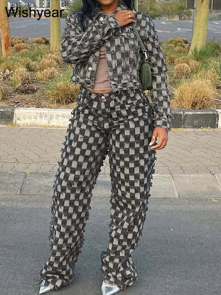 Women's Fashion Gray Denim 2 Piece Set Long Sleeve Patchwork Jacket And Wide Leg Pants Streetwear Grid Wash Jeans Autumn Outfits