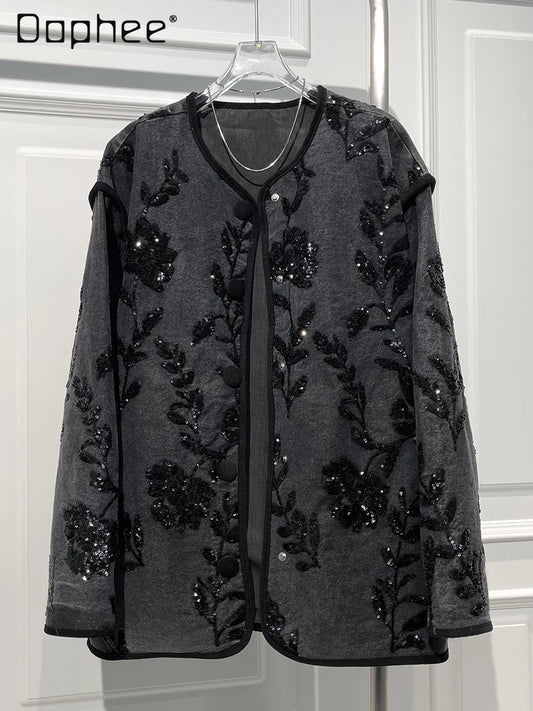 Fashion Versatile Heavy Industry Embroidered Flower Denim Jackets for Women Spring New Loose Casual Mid-length Sequined Jacket