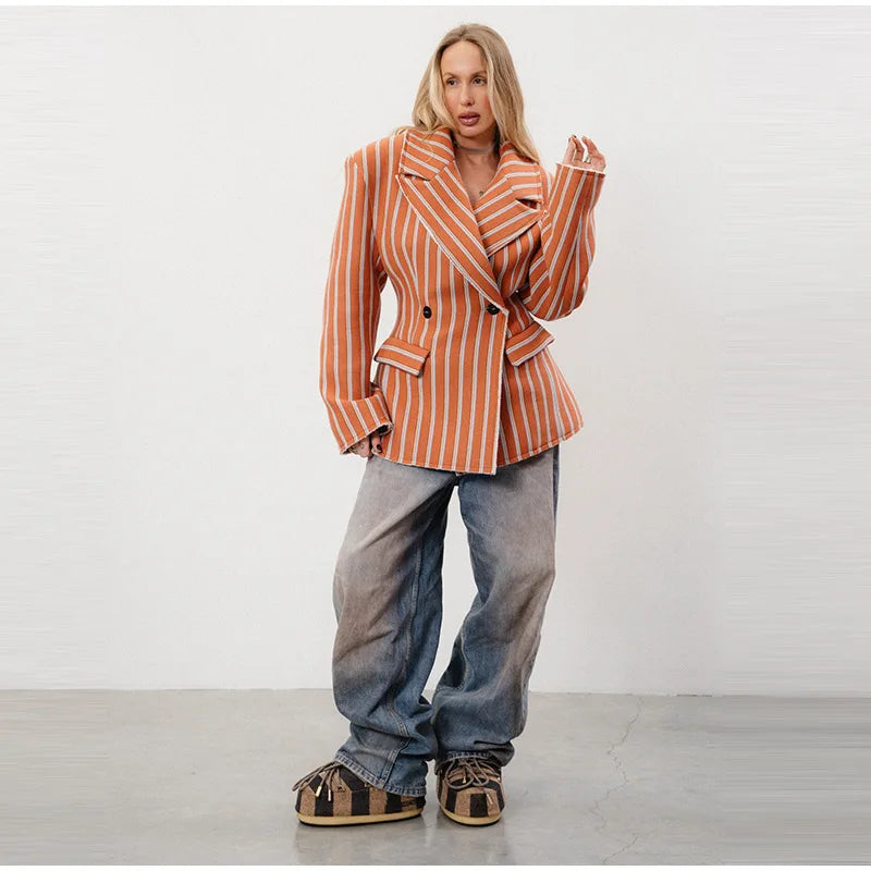 Striped Double-Breasted Blazer With Lapel for Women