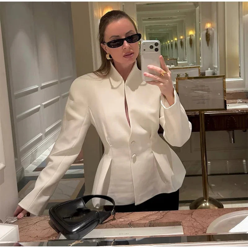 Elegant Stand Collar with Button Front Blazer for Women