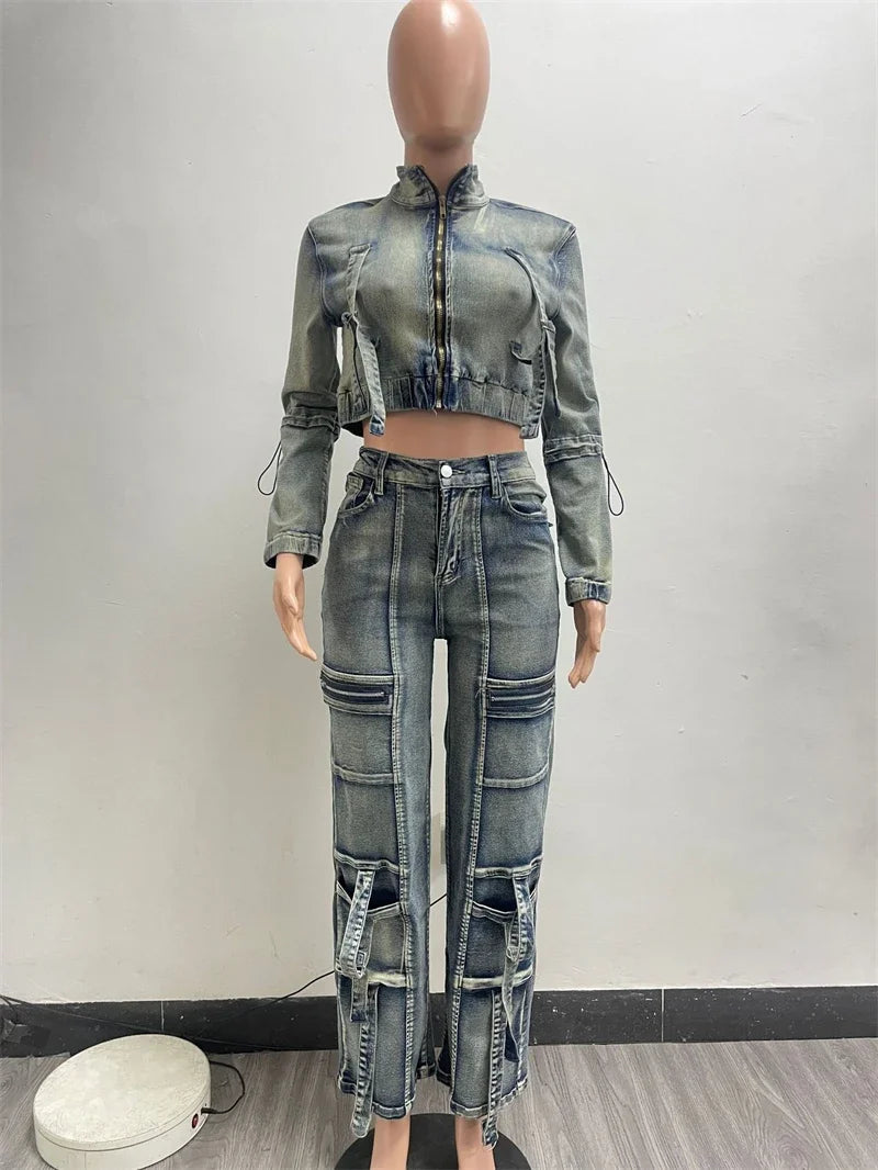 Streetwear Denim Crop Top And Cargo Pants Set for Women
