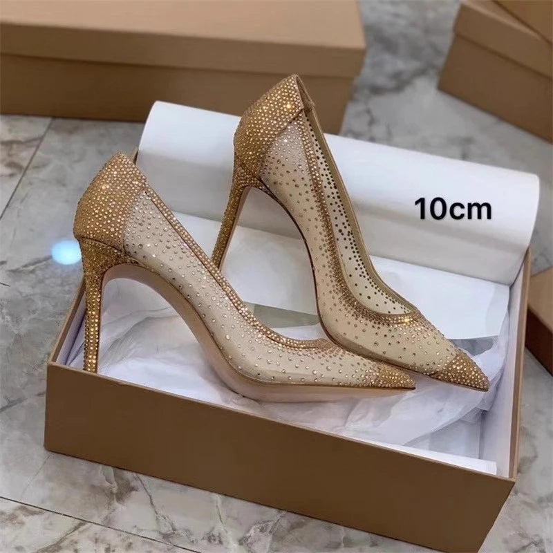 Rhinestone Mesh Pointed Toe Thin High Heels for Women