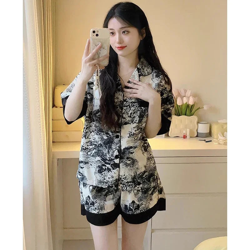 Chinese Elegant Ink and Wash Painting Women's Pajamas Ancient Style Classical Flavor Sleepwear 2024 New Summer Fashion Nightgown