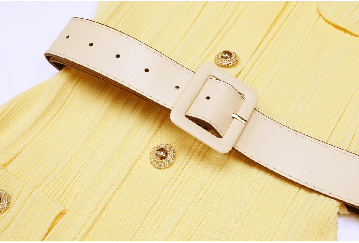 High-end Fashion Cropped Knit Dress New Autumn 2026 Women Short Sleeve High-waisted Belted Slim-fit Elegant Short Dresses