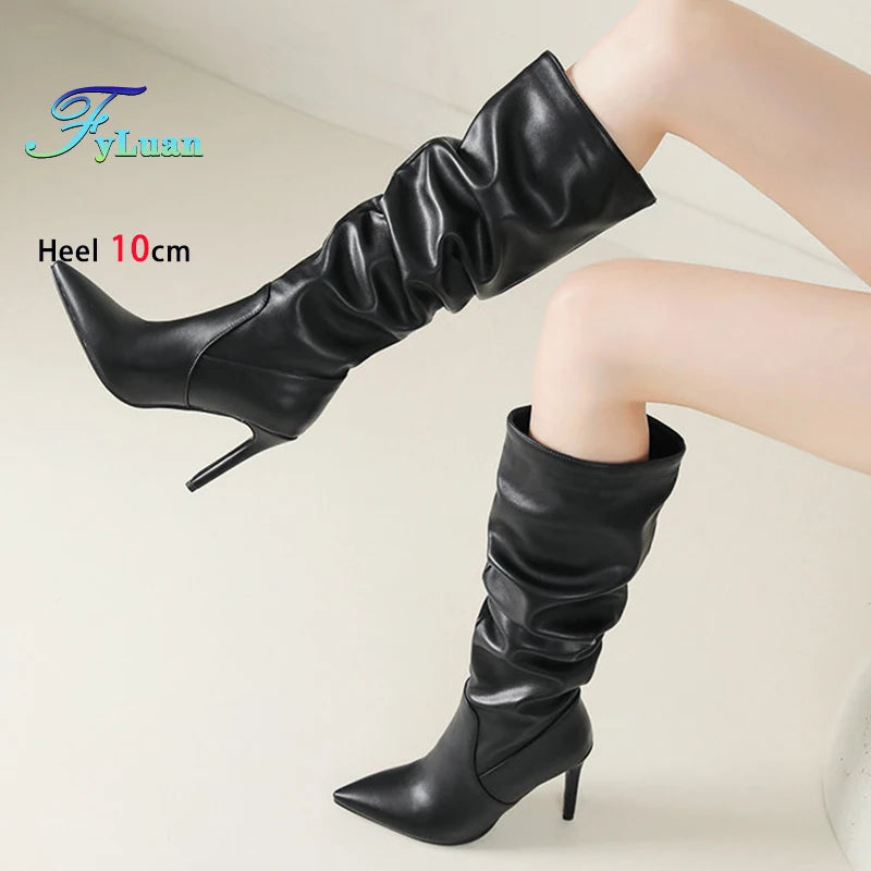 Pleated Stiletto Pointed Toe Boots