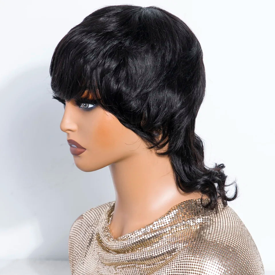 Short Mullet Pixie Cut Remy Human Hair Bob Wig for Women