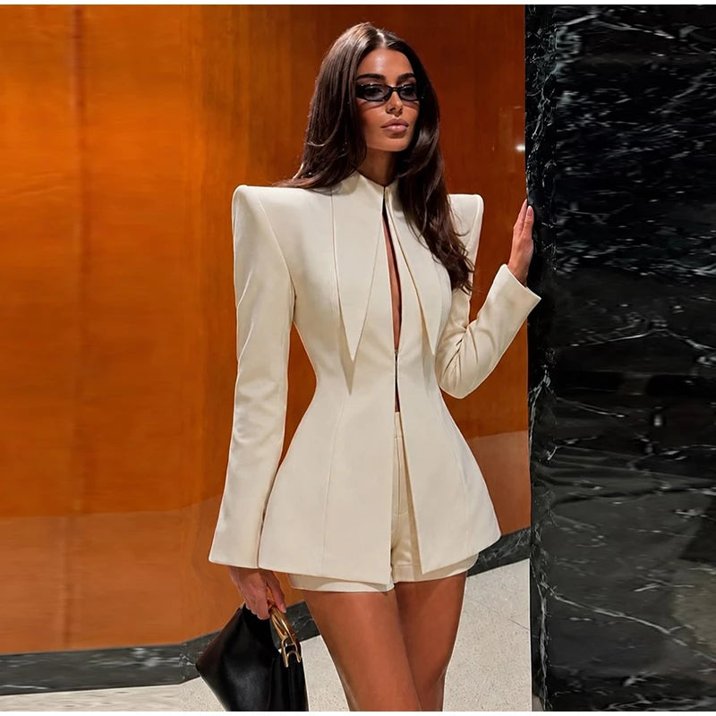 Solid Color Slim Fit High Waist Two Piece Shorts Set for Women
