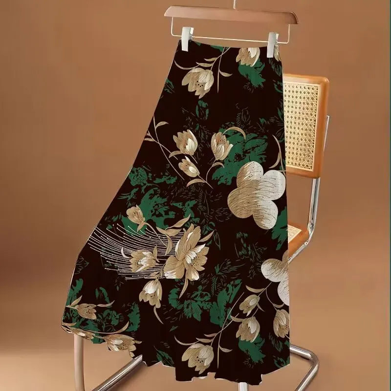Women's Floral Printed Long Chiffon Skirt, Elastic, High Waist, A Line, Max Pleated, Summer, Fashion