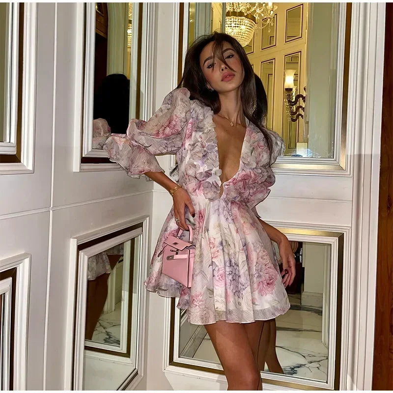 Trendy Floral Print Flare Sleeve V Neck Mini Dress Elegant High Waist Pleated Woman Vestidos 2025 New Autumn Evening Party Gown