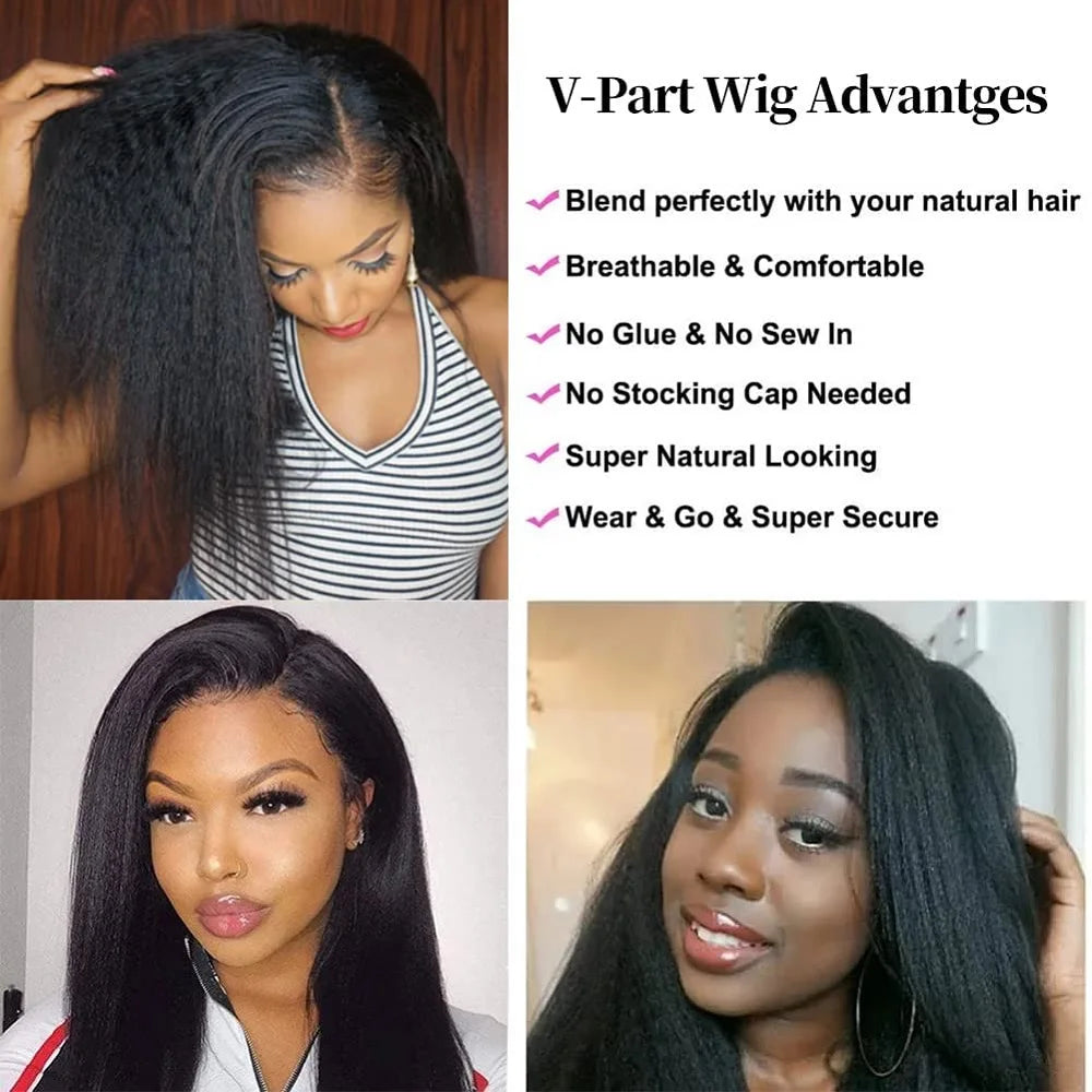 Glueless V Part Kinky Straight Human Hair Wig for Women