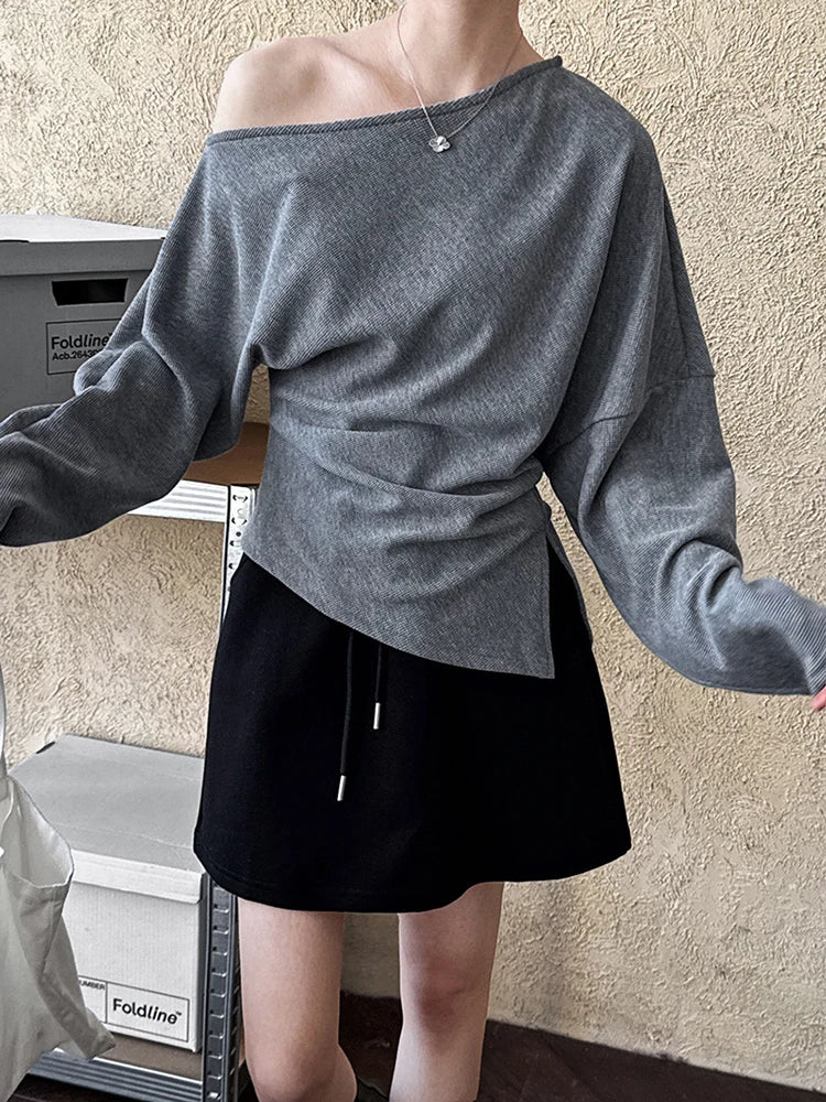 Black Pleated Asymmetrical Collar Sweatshirt for Women