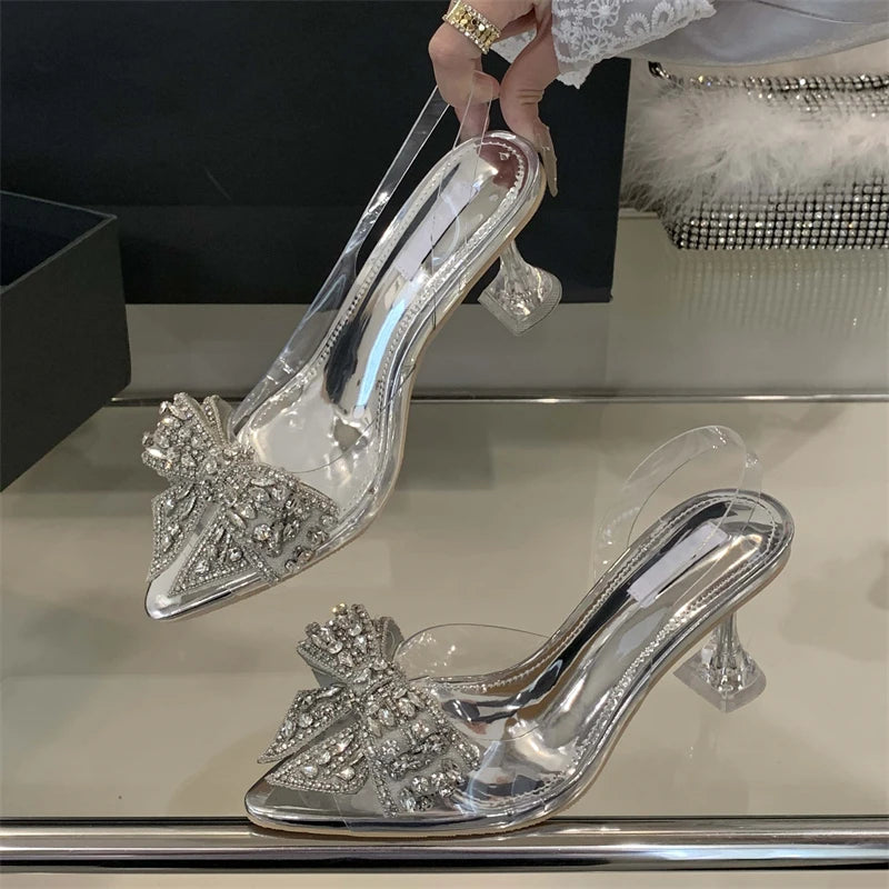 Glam Crystal Bow Pointed Toe Slingback Pumps for Women