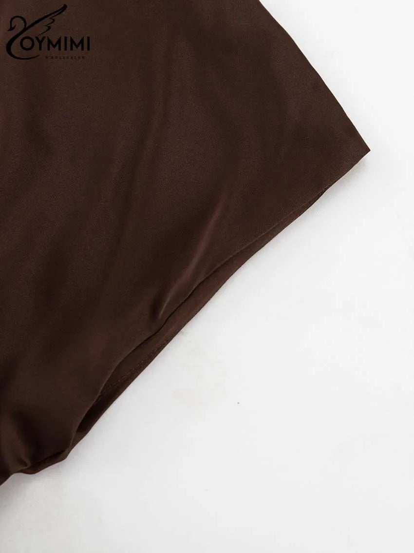 Oymimi Elegant Brown O-Neck Womens Dresses Fashion Short Sleeve Slim Solid Dresses Casual Slim Floor-Length Dress Streetwear