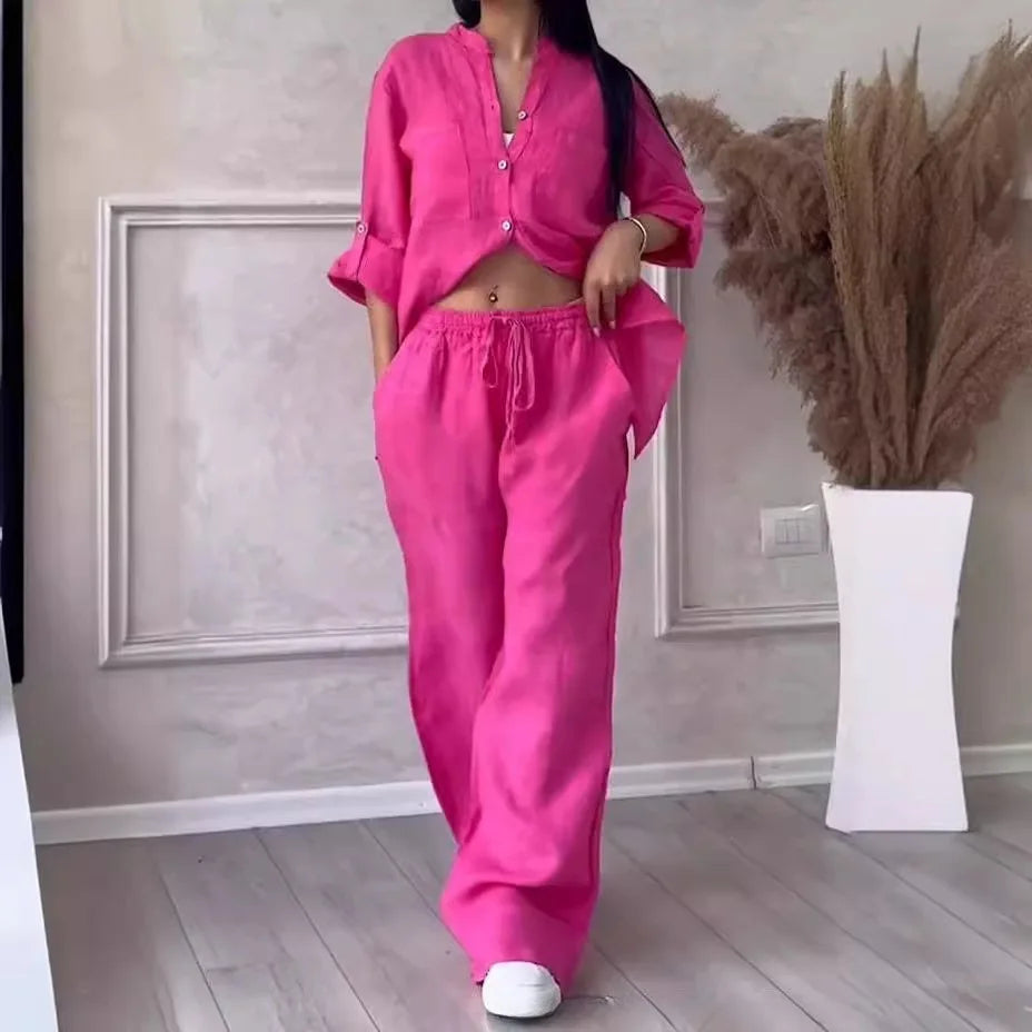 Loose Cotton Linen Shirt And Wide Leg Pants Set For Women