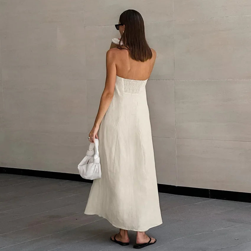 Solid Color Strapless Sleeveless Pocket Dress for Women