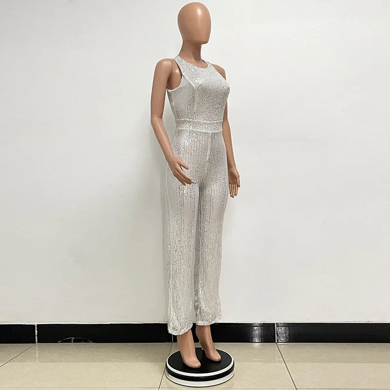 Elegant Silver Sequined Straight Cut Jumpsuit for Women