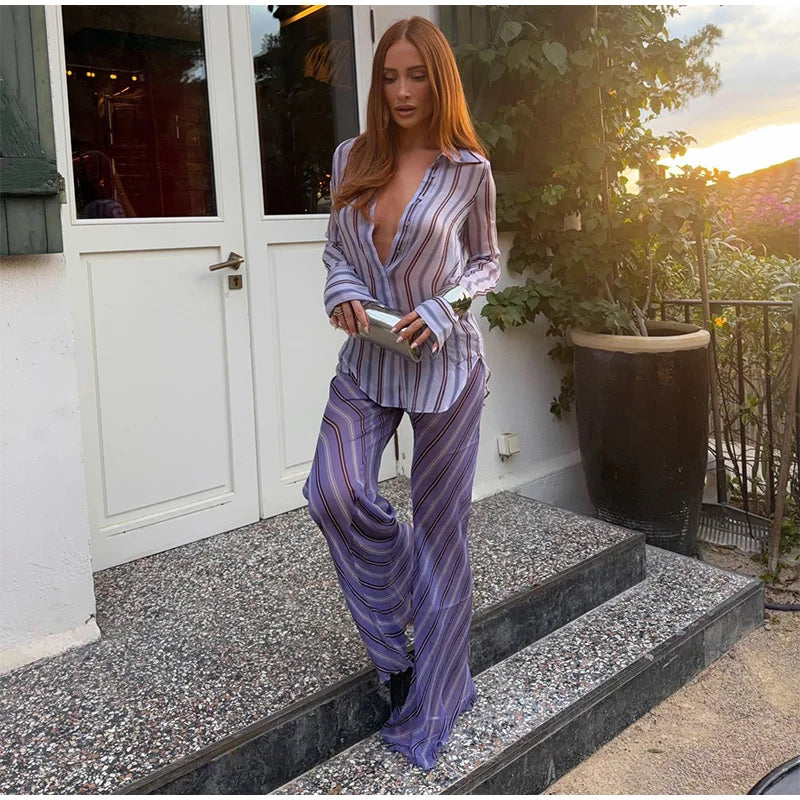 Retro Geometric Stripe Two Piece Set With Halter Top And Flare Pants for Women