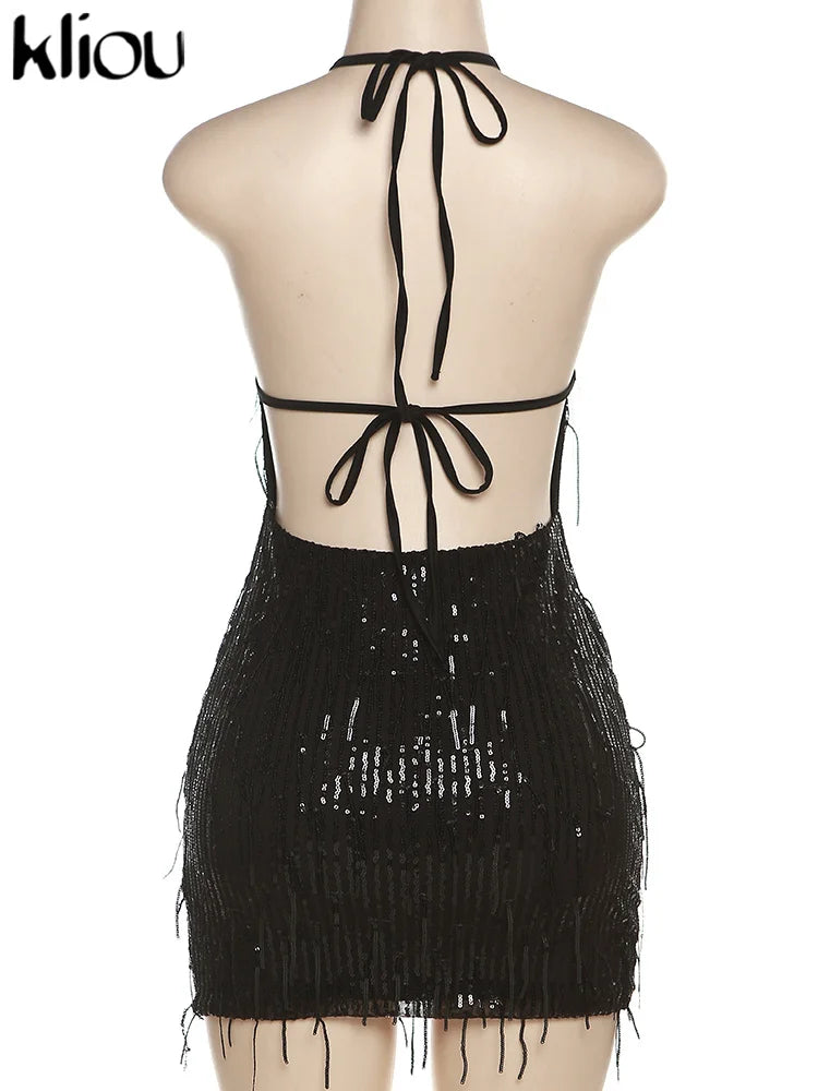 Shiny Tassel Halter Backless Mini Party Dress for Women