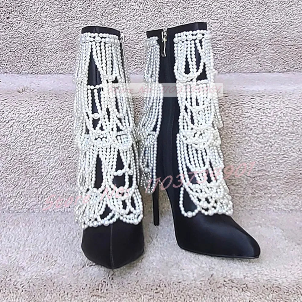 Mid Calf Pointed Toe Zip Satin Pearl Chain Black Boots for Women