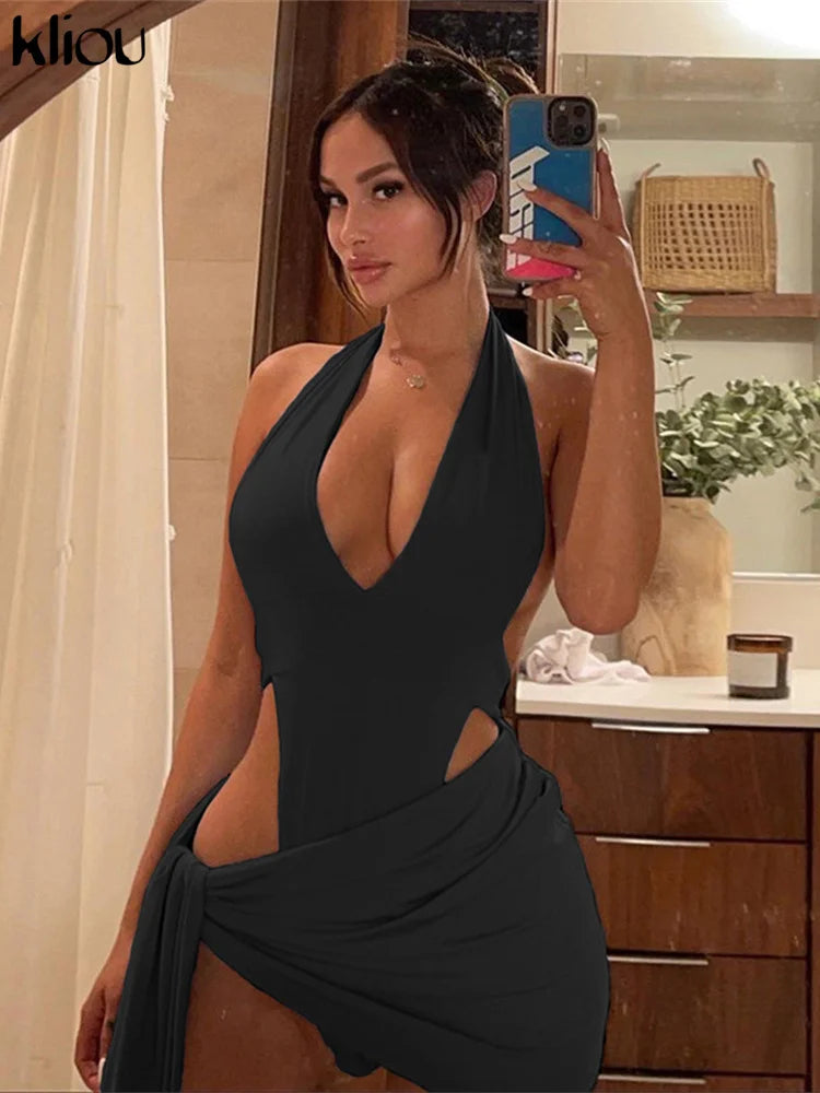 Deep V Neck Backless Halter Two Piece Skirt Set for Women