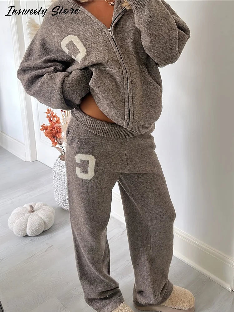 Letter Print Hooded Two Piece Set With Wide Leg Pants for Women