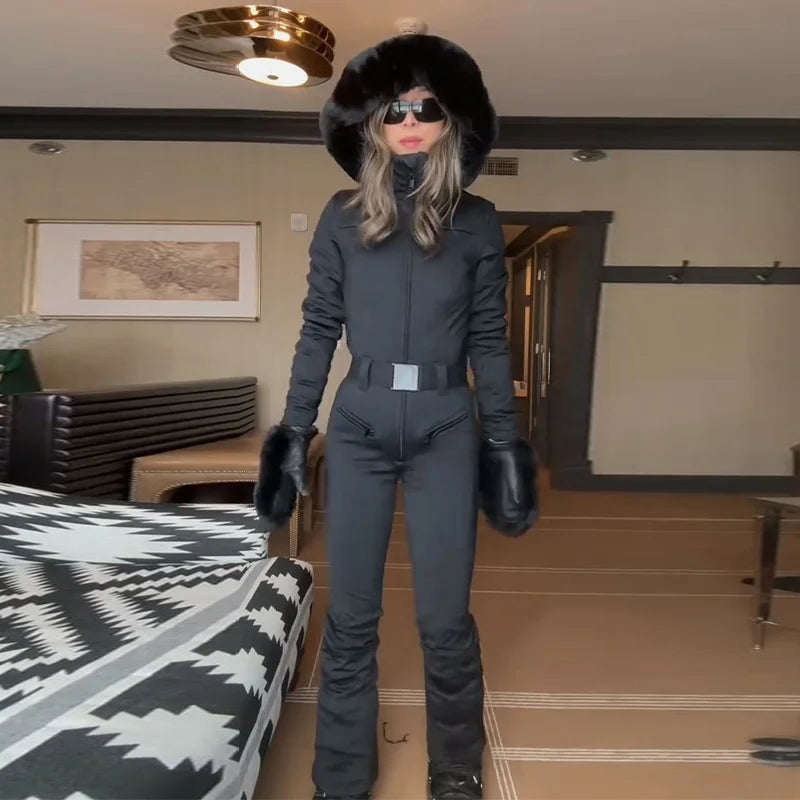 High Waist Full Zip Hooded Windproof Ski Jumpsuit For Women
